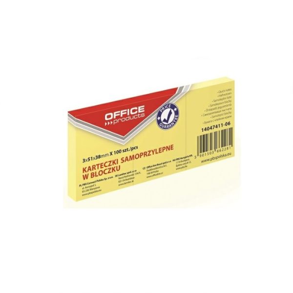 Blok samoljepljivi 38 × 51 mm 3 × 100 listova žuti Office Products